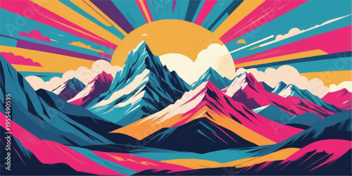 Vector illustration of a camping tent in the mountains under a bright sky in a natural landscapeVector illustration of a camping tent in the mountains under a bright sky in a natural landscape