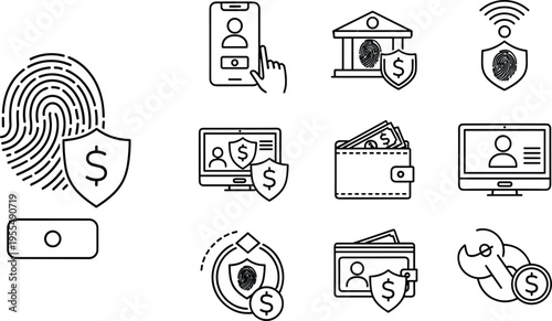Digital Payment and Security Outline Icon Set with Fingerprint, Mobile Banking, Wallet, and Online Transaction Symbols for Fintech Illustration and Finance Design Concepts