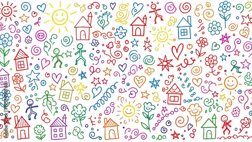 Colorful crayon drawing style doodles of children's art featuring houses, people, sun, flowers, and hearts for playful backgrounds, hand drawn