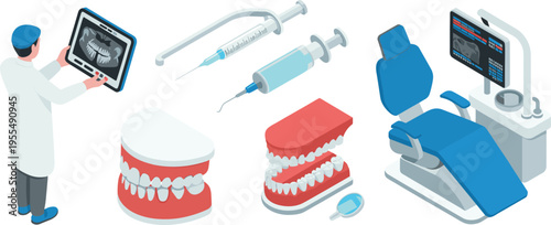 Modern dental clinic equipment illustration, dentist examining xray, orthodontic models, professional tools, oral healthcare technology, medical treatment workspace