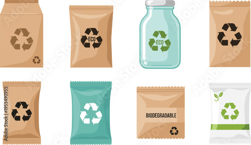 Eco Friendly Packaging Set with Recyclable Bags, Paper Packs, and Glass Jar, Sustainable Product Containers with Recycling Symbols for Green Branding Vector Illustration