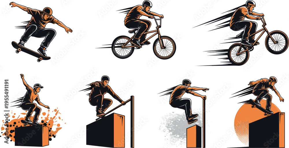 Naklejka premium Extreme Sports Illustration Set with Skateboarding BMX Cycling and Parkour Athletes Dynamic Motion Design for Action Sports Training and Urban Lifestyle Concepts