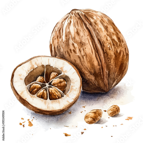 Nutmeg High Quality, watercolor illustration featuring soft shadows and luminous, isolated on a white background.