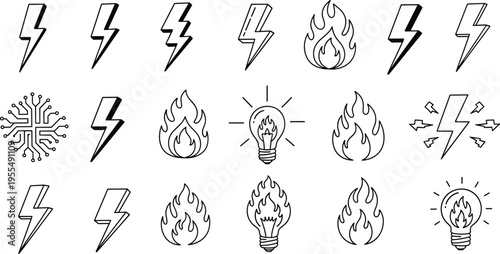 Electric Energy Icon Set with Lightning Bolts Fire Flames and Light Bulb Ideas for Power Concept Innovation Design and Creative Illustration