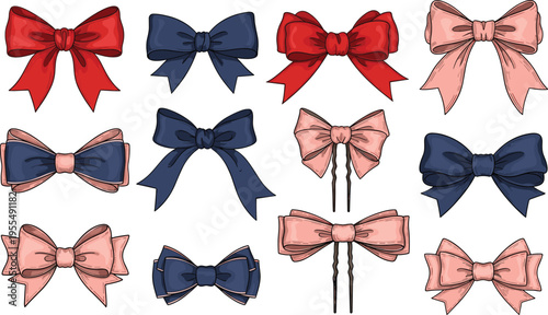 Elegant Ribbon Bow Set with Red Blue and Pink Decorative Bows for Gift Wrapping Fashion Accessories and Holiday Packaging Design Illustration