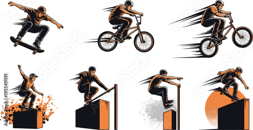 Extreme Sports Illustration Set with Skateboarding BMX Cycling and Parkour Athletes Dynamic Motion Design for Action Sports Training and Urban Lifestyle Concepts