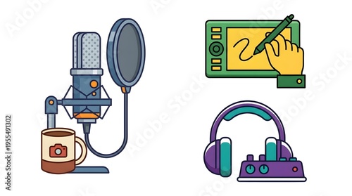 Collection of creative digital tools and equipment for audio production, graphic design, and media creation, including a microphone, drawing tablet, and headphones.