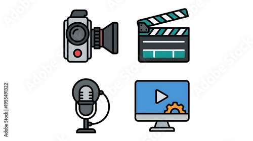 A collection of four colorful icons representing video production, filmmaking, audio recording, and digital media editing tools and processes.