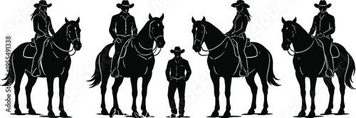 Cowboy and cowgirl riding horse silhouettes, western ranch riders with cowboy hats, detailed horseback poses, equestrian farm vector illustration set