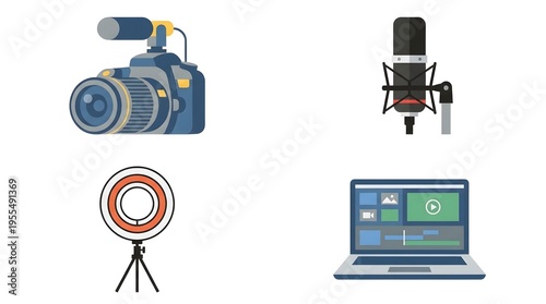 A collection of essential equipment for modern content creation, including a camera, microphone, ring light, and a laptop with video editing software.