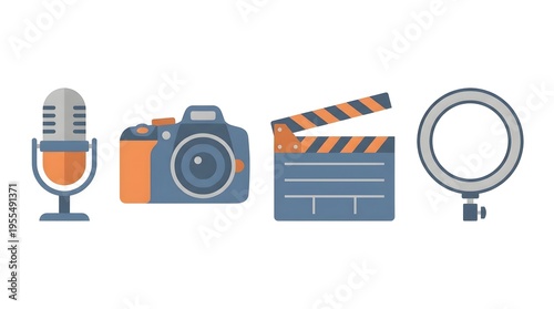 Flat design icons representing various media production tools including a microphone, camera, clapperboard, and ring light on a white background.