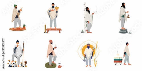 Set of minimalist vector illustrations depicting men engaged in various spiritual, meditative, and wellness practices like singing bowl therapy and tea ceremonies.