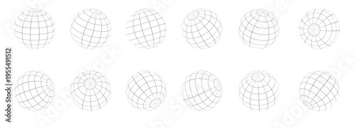 Globe grid spheres. Striped 3D spheres, geometry globe grid, Striped 3D orbs, Earth longitude and latitude line wireframe spheres, Earth globe hemispheres set. Geometry globe grid,