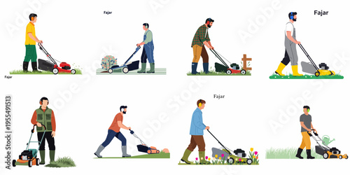 Set of diverse men mowing grass with different lawnmowers, wearing safety ear protection, flat vector illustration collection for gardening and landscaping services.