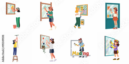 Set of diverse school girl characters cleaning glass windows and bulletin boards with various tools, isolated on a white background.