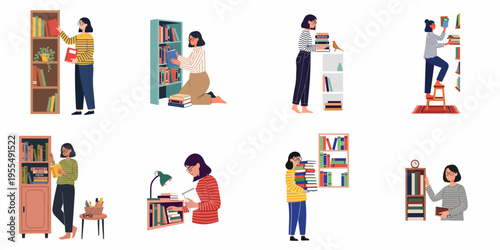 Collection of illustrations featuring young women reading, organizing bookshelves, and carrying stacks of books in a library or home setting.