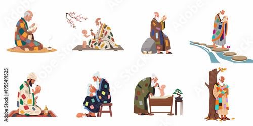 Set of diverse wise sages and elders nurturing babies, symbolizing generational wisdom, peace, and spiritual connection in a flat illustration style.