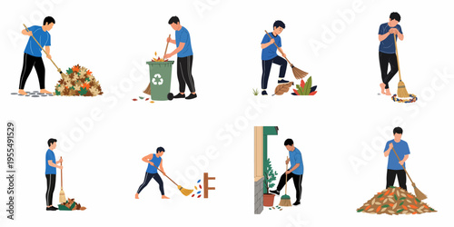 Set of illustrations depicting a young man cleaning and sweeping fallen autumn leaves with a broom and a recycling bin.