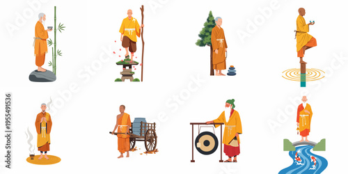 Flat Vector Illustration Collection of Buddhist Monks in Traditional Robes Engaging in Diverse Spiritual Practices and Daily Activities.