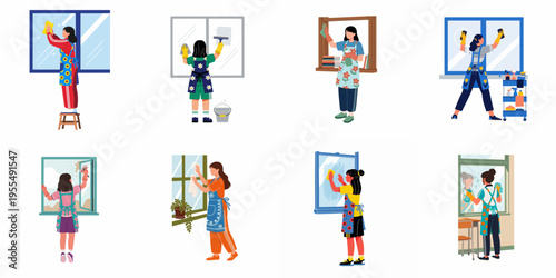 Set of flat vector illustrations depicting various women and girls cleaning windows with different tools and wearing colorful aprons.