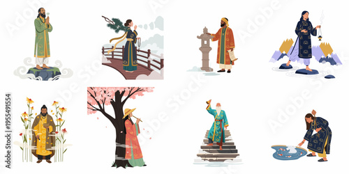 Diverse collection of flat vector illustrations showing people in traditional Asian clothing practicing spiritual, meditative, and peaceful activities in nature.