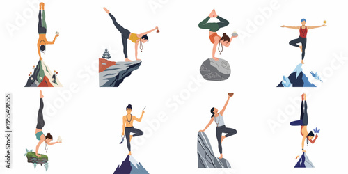 Collection of diverse people performing challenging yoga poses on mountain peaks and cliffs, emphasizing mindfulness, balance, and spiritual connection through various symbolic objects.