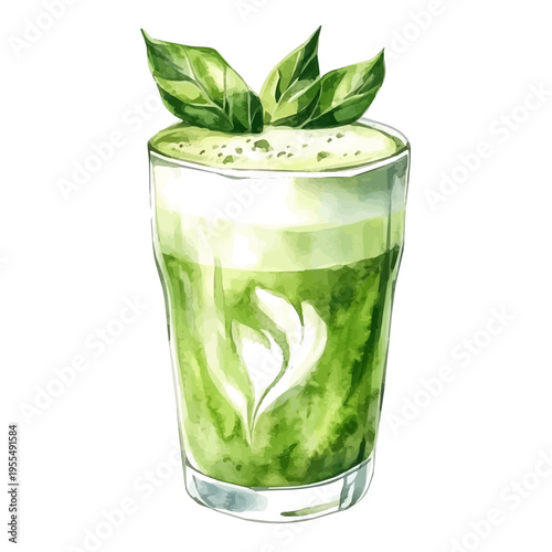 watercolor of Matcha Latte draw graphic, isolated on a white background.