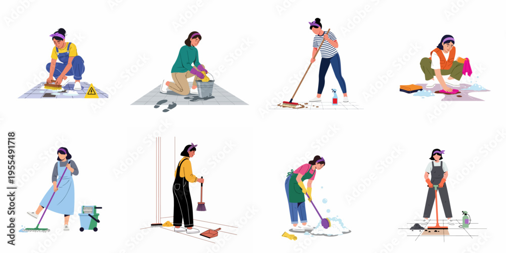 Fototapeta premium Collection of flat vector illustrations showing women cleaning floors with various tools including mops, brooms, brushes, and sponges for housework or professional services.
