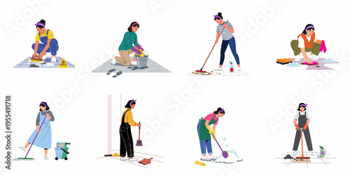 Collection of flat vector illustrations showing women cleaning floors with various tools including mops, brooms, brushes, and sponges for housework or professional services.