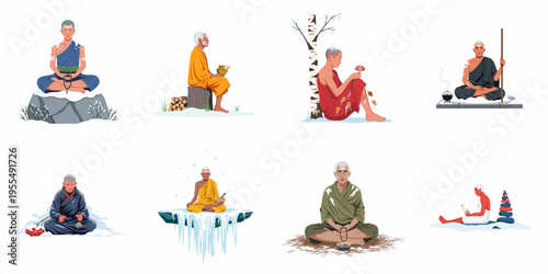 A diverse vector collection of monks and spiritual practitioners meditating in serene and snowy winter environments, showcasing mindfulness and peaceful solitude.