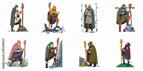 Set of eight flat illustrations featuring mystical druids, forest hermits, and ancient wizards with staffs and owls in a fantasy setting.