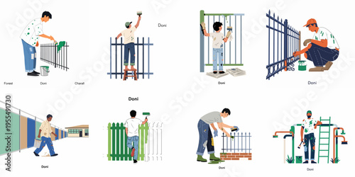 Flat vector illustration set of men and boys painting different outdoor fences and metal structures, showcasing home maintenance, DIY projects, and manual labor tasks.