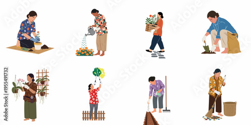 Set of vector illustrations depicting women engaged in various gardening activities such as planting, watering, pruning, and garden maintenance on a white background.