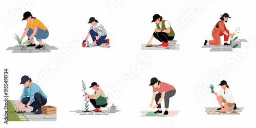 Set of illustrations depicting women performing yard work, weeding between pavement tiles, planting, and maintaining a clean outdoor garden space.