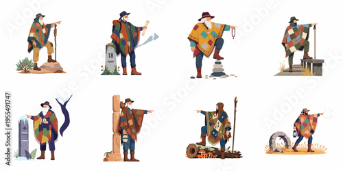 Set of flat character illustrations featuring male wanderers and explorers in traditional ponchos, pointing towards their destination in various outdoor environments.