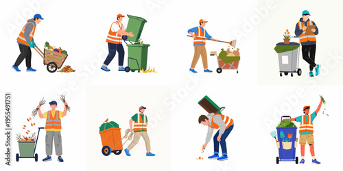 Vector illustrations of waste management workers in safety vests performing various tasks like collecting organic waste, raking leaves, and emptying bins.