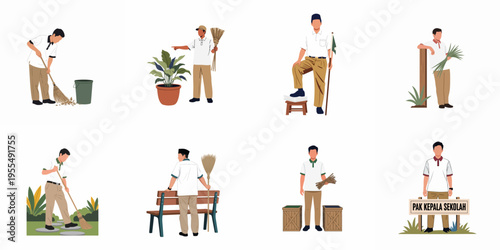 Flat Vector Illustration Set of School Staff and Workers Performing Various Duties Including Cleaning Gardening and Principal Roles
