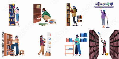 Set of illustrations depicting a woman in a mask cleaning and organizing bookshelves in a library, featuring dusting, shelving, and sanitizing tasks.