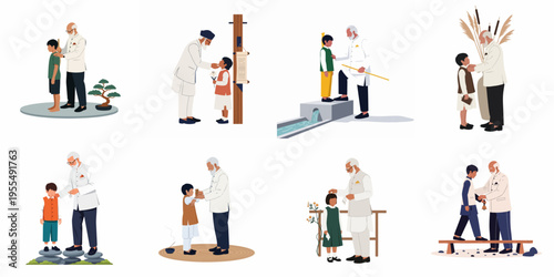 Collection of illustrations depicting heartwarming moments of bonding, mentorship, and traditional teaching between an Indian grandfather and his grandchildren in various life scenes.