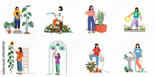 Flat illustration set of young women and girls gardening and watering various indoor and outdoor plants using garden hoses.