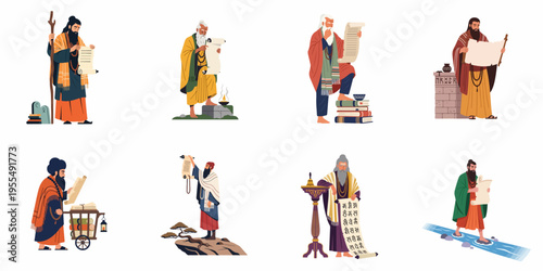 Set of flat vector illustrations depicting wise ancient sages, gurus, and spiritual teachers reading sacred scrolls and manuscripts in various poses.
