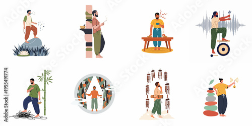 Set of eight illustrations of men practicing mindfulness, meditation, and holistic wellness techniques like sound healing and incense burning for mental well-being.