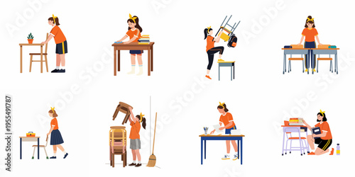 Set of illustrations featuring a schoolgirl in uniform cleaning and organizing her classroom, stacking chairs, and tidying desks.