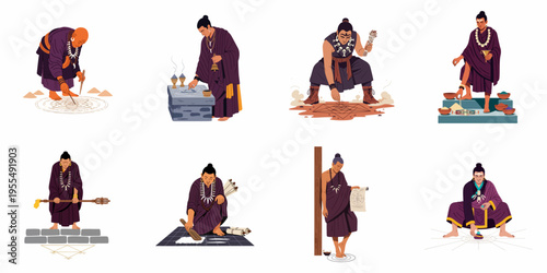 Set of flat vector illustrations featuring spiritual practitioners and monks performing sacred rituals, mystical ceremonies, and ancient esoteric traditions in traditional purple robes.