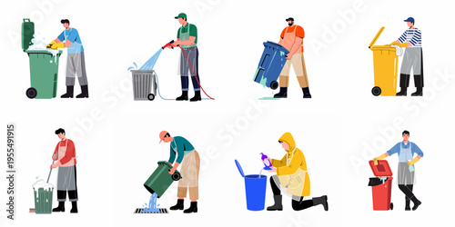 Set of professional male cleaners washing and disinfecting various trash cans and garbage bins, flat vector illustrations isolated on white background.