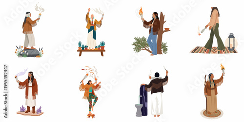Flat illustration set of diverse women in traditional fringed clothing performing sacred sage smudging rituals and smoke cleansing ceremonies for spiritual healing.