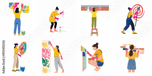 Set of illustrations depicting women cleaning graffiti and scrubbing walls using various tools, representing professional cleaning services or community maintenance efforts.