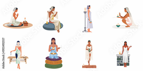 Set of illustrations featuring women in spiritual rituals, meditation, and mindfulness practices with candles and incense on a white background.
