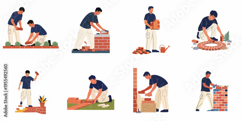 Vector illustrations set of professional bricklayers and masons building walls, paths, and garden structures with red bricks, isolated on white background.