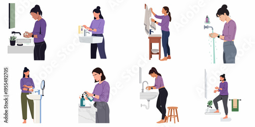 Set of flat vector illustrations depicting a woman in purple clothing engaged in various bathroom hygiene activities like handwashing and weighing herself.
